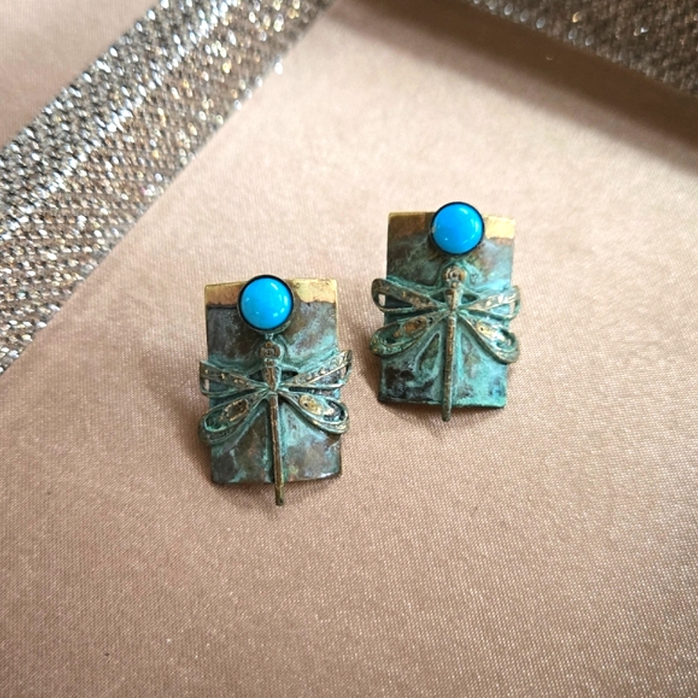 Elaine Coyne Verdigris Patina Dragonfly Brass Earrings